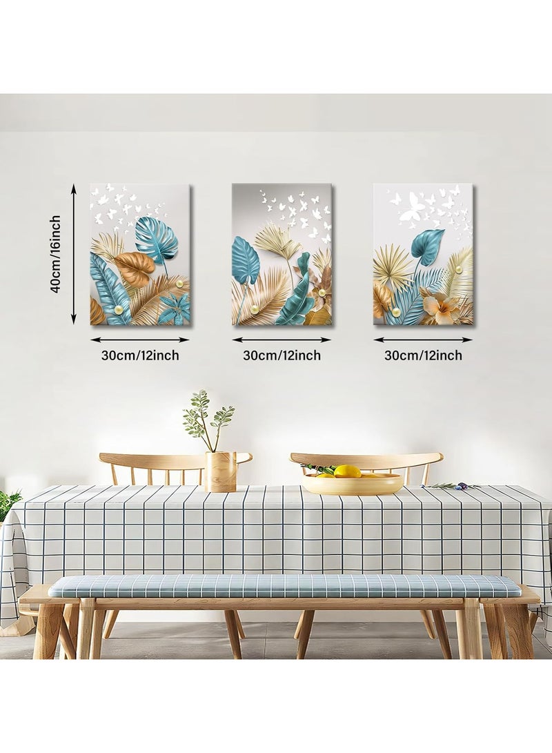 3 Panels Framed Canvas Wall Art Botanical Tropical Leaves Canvas Painting, Picture Printed Poster White Butterfly Pearl Canvas Prints For Home Living Room Office Decor