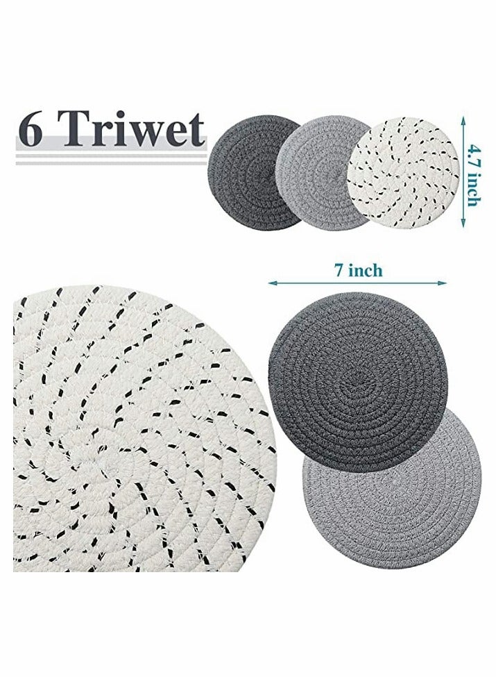 Mat, 6 Pieces Pot Trivets Large Braid Woven Trivet Coaster, Cotton Thread Weave Cup Coaster Hot Pot Dish Trivet Pad Mat for Kitchen Cooking Supplies (7 Inch and 4.7 Inch, Gray Series)