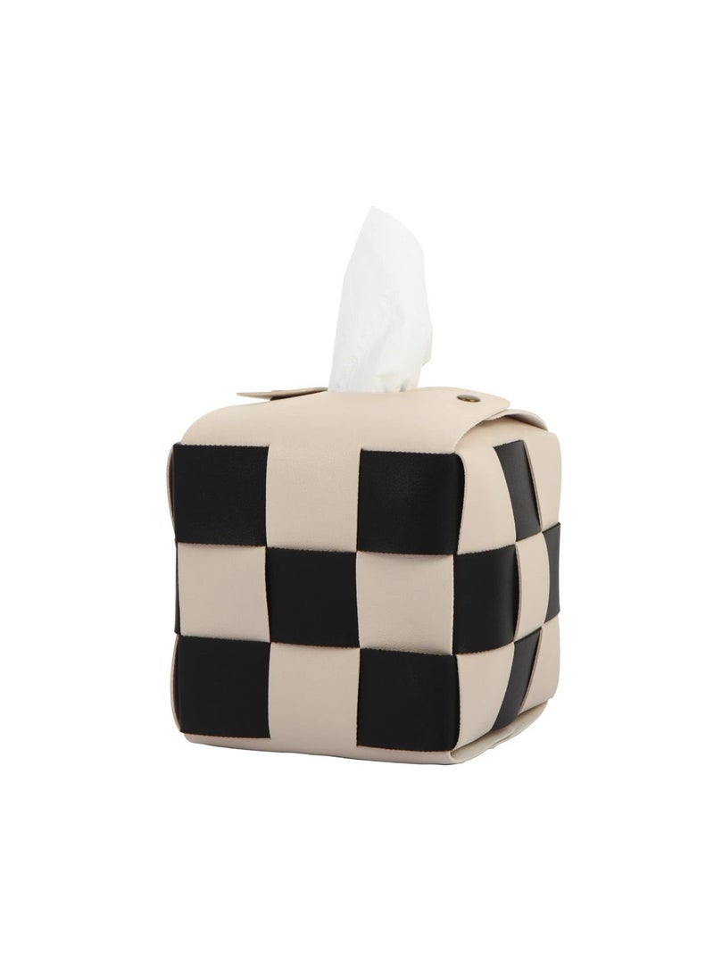 Tissue Box Cover, Modern Stylish Tissue Box Holder, PU Leather Weave, Stylish Checkerboard Design for Living Room, Decorative Shelf, Bathroom Counter Top, Bedside Table, Desk (Square, Beige)