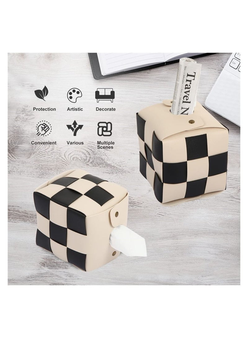 Tissue Box Cover, Modern Stylish Tissue Box Holder, PU Leather Weave, Stylish Checkerboard Design for Living Room, Decorative Shelf, Bathroom Counter Top, Bedside Table, Desk (Square, Beige)