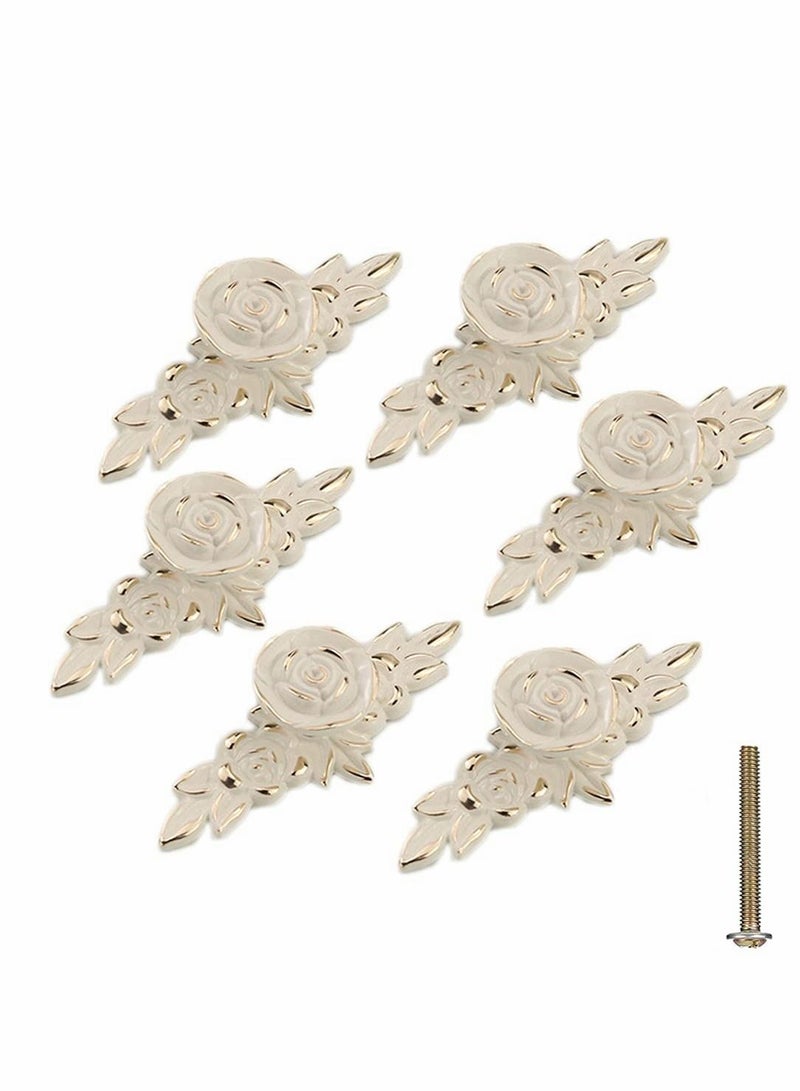 Rose Cabinet Knobs with Backplate, Vintage Kitchen Zinc Alloy Flower Drawer Pull Handles for Dresser Vanity Cupboard Wardrobe, Ivory White & Gold Edge, 6 Pack/European Style