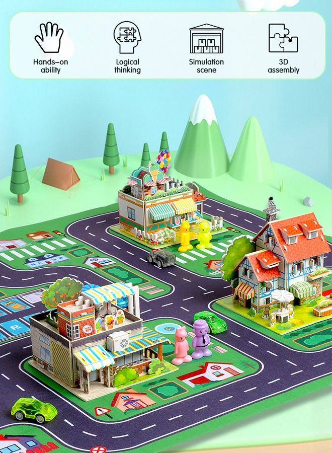 3D Puzzles Town DIY Building Blocks Set, Educational Creative Puzzle, Supermarket, Flower Shop, Ice Cream Parlour, Holiday Hotel with Map and Doll Accessories City Scene Assemble Toys