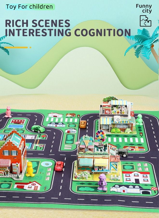 3D Puzzles Town DIY Building Blocks Set, Educational Creative Puzzle, Supermarket, Flower Shop, Ice Cream Parlour, Holiday Hotel with Map and Doll Accessories City Scene Assemble Toys