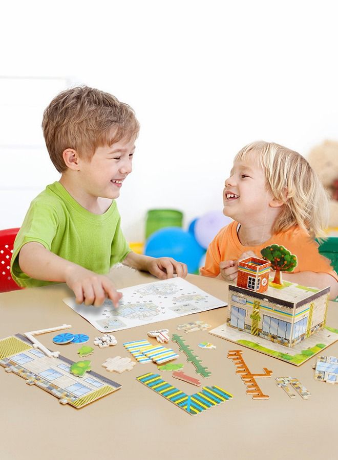 3D Puzzles Town DIY Building Blocks Set, Educational Creative Puzzle, Supermarket, Flower Shop, Ice Cream Parlour, Holiday Hotel with Map and Doll Accessories City Scene Assemble Toys