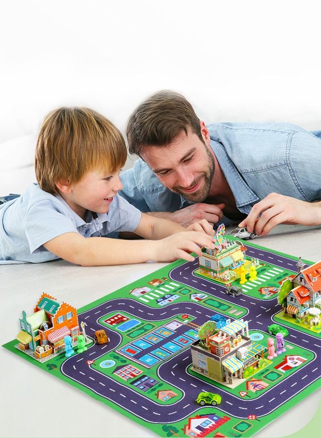 3D Puzzles Town DIY Building Blocks Set, Educational Creative Puzzle, Supermarket, Flower Shop, Ice Cream Parlour, Holiday Hotel with Map and Doll Accessories City Scene Assemble Toys