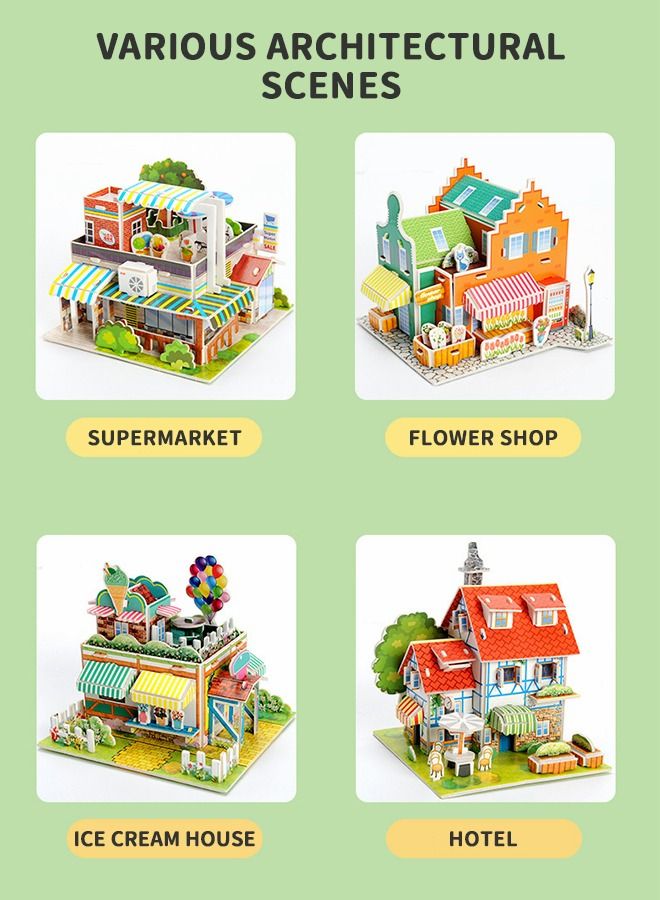 3D Puzzles Town DIY Building Blocks Set, Educational Creative Puzzle, Supermarket, Flower Shop, Ice Cream Parlour, Holiday Hotel with Map and Doll Accessories City Scene Assemble Toys