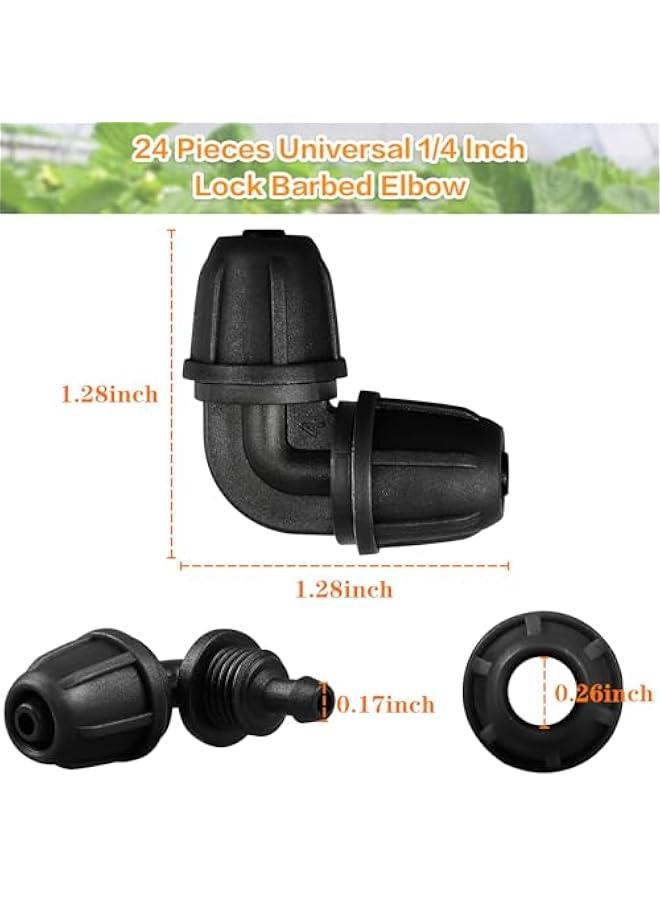 Upgraded 1/4 Drip Irrigation Elbow Fittings：24 Pieces Leak Free Lock Barbed 90 Degree Elbow Connectors for1/4 Inch Irrigation Tubing Quick Connect Parts for Garden Landscape System
