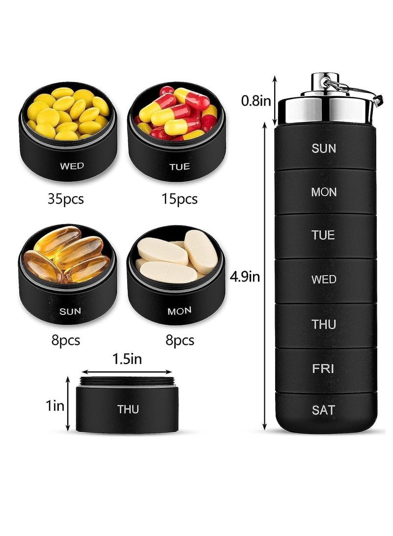 Metal Pill Organizer, Weekly Stackable Waterproof Travel Pill Box Travel Hiking 7 Day Pill Box Case Date Display, Large Compartment to Hold Pills Vitamins Capsules, Fish Oil, Supplements Black