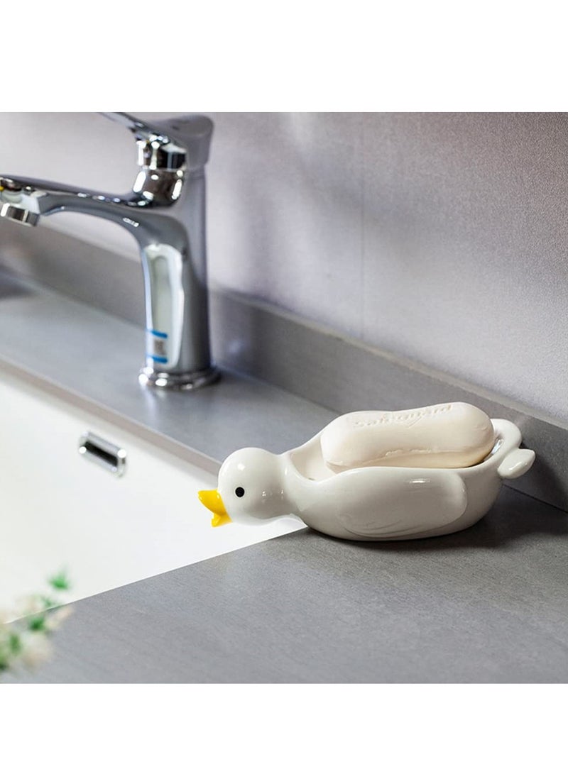 Cute Cartoon Duck Ceramic Soap Dish Self Draining Holder for Bathroom Shower Kitchen