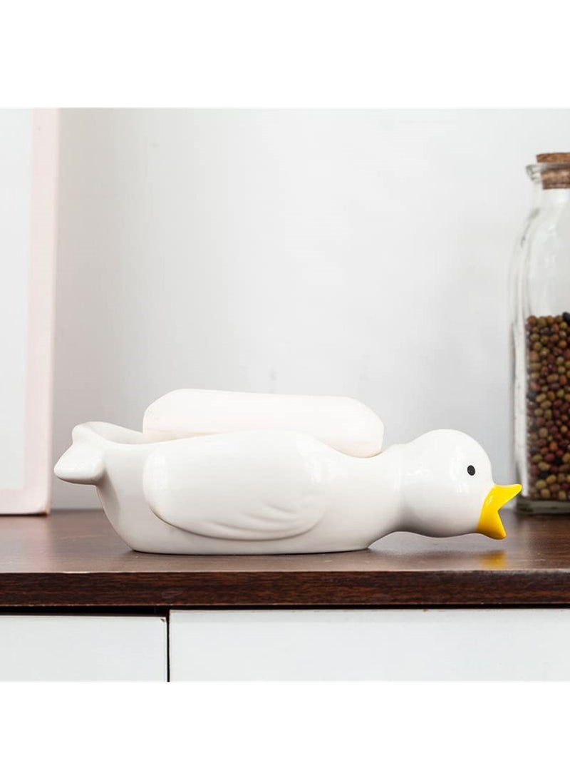 Cute Cartoon Duck Ceramic Soap Dish Self Draining Holder for Bathroom Shower Kitchen