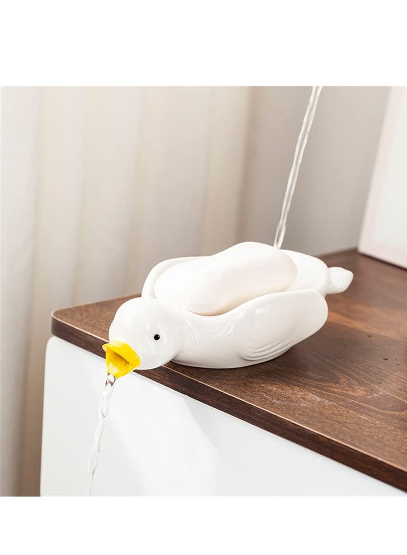 Cute Cartoon Duck Ceramic Soap Dish Self Draining Holder for Bathroom Shower Kitchen