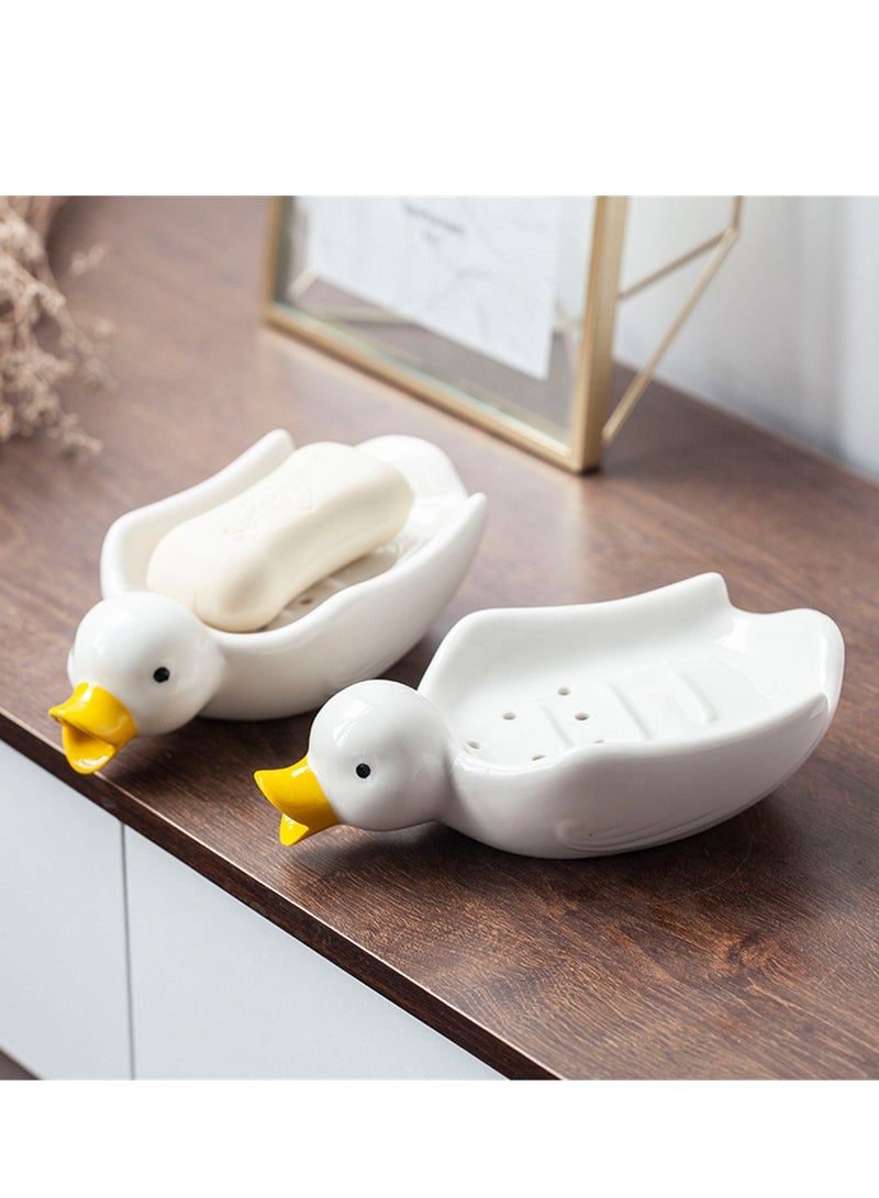 Cute Cartoon Duck Ceramic Soap Dish Self Draining Holder for Bathroom Shower Kitchen