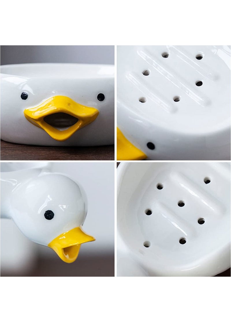 Cute Cartoon Duck Ceramic Soap Dish Self Draining Holder for Bathroom Shower Kitchen