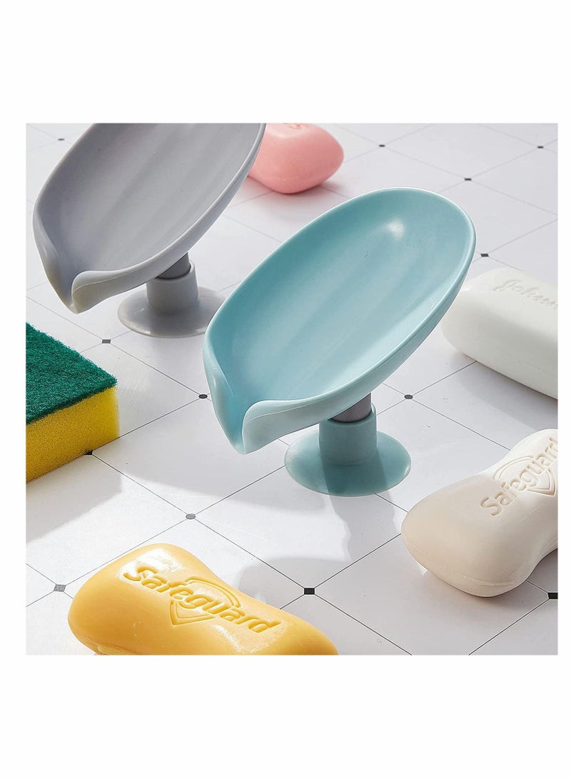 Soap Dish for Shower, Self Draining Leaf Shape Bar Soap Holder Soap Saver with Suction Cup, Not Punched Easy Clean Bar Soap Holder for Shower, Bathroom, Kitchen Sink(Light Blue, Light Gray)