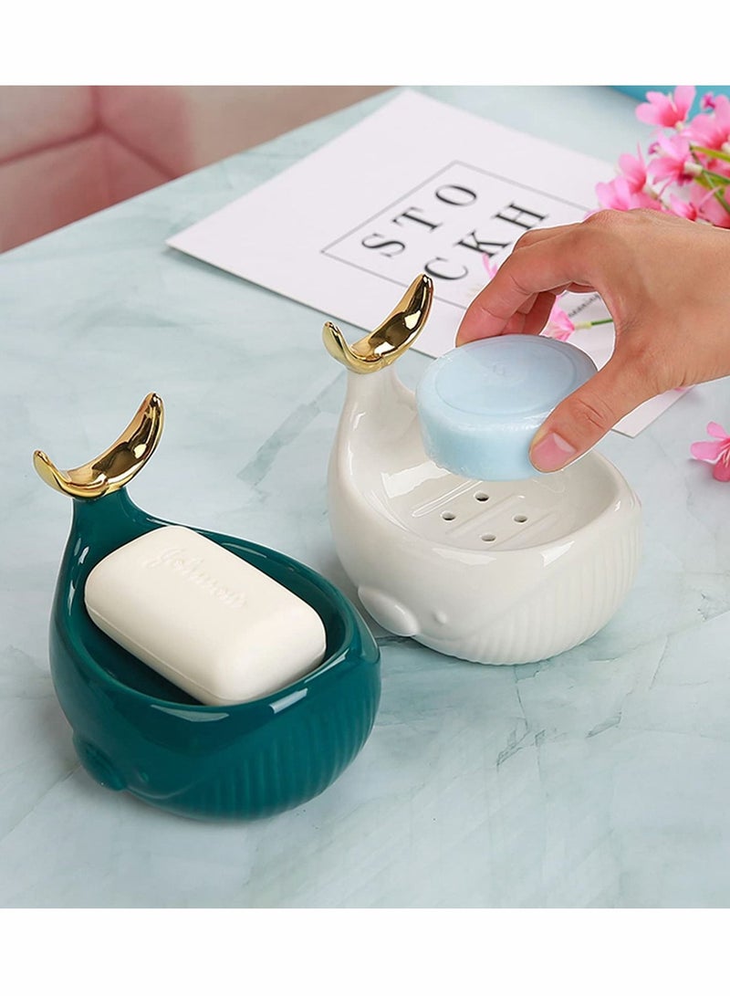 Soap Dish for Shower, Dry Stop Mushy Tray, Ceramic Holder with Stump Bathroom Ring Jewelry Engagament Wedding Birthday Gifts (Fish-White)