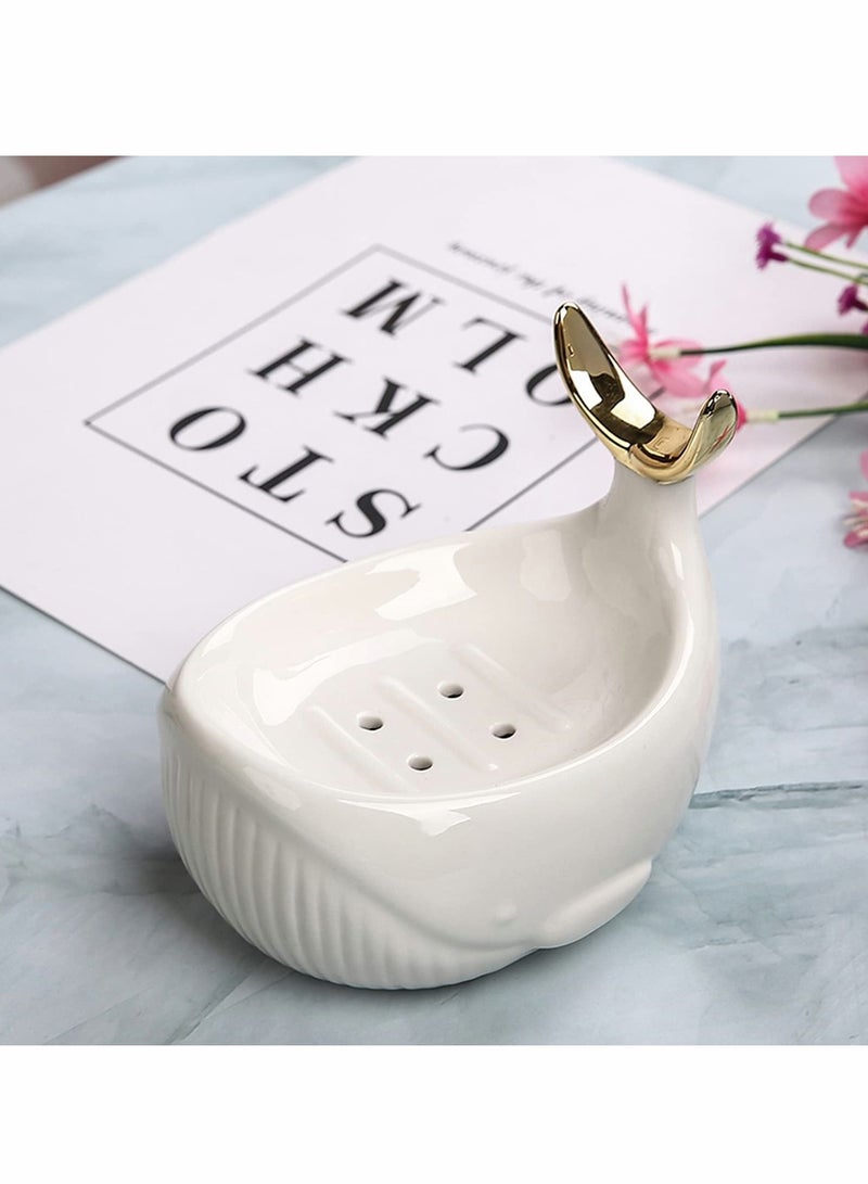 Soap Dish for Shower, Dry Stop Mushy Tray, Ceramic Holder with Stump Bathroom Ring Jewelry Engagament Wedding Birthday Gifts (Fish-White)