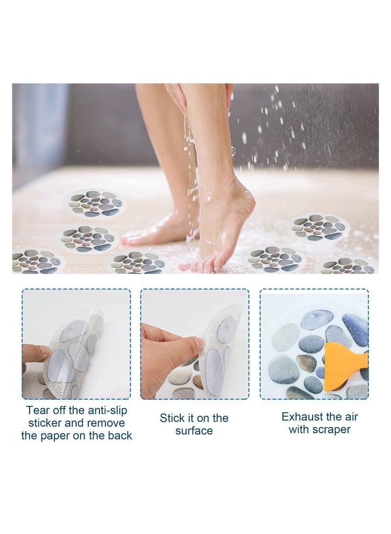 Non Slip Bath Stickers, 10 Pcs Stone Pattern Decorations, Bathtub Patterned Rubber Stickers, Safety Shower Treads Non-Slip Safety Stickers with Plastic Scraper for Bath/Shower/Kitchen