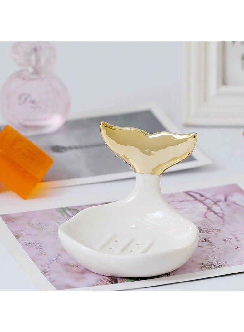 White Ceramic Soap Dish Creative Fishtail Drain Soap Box