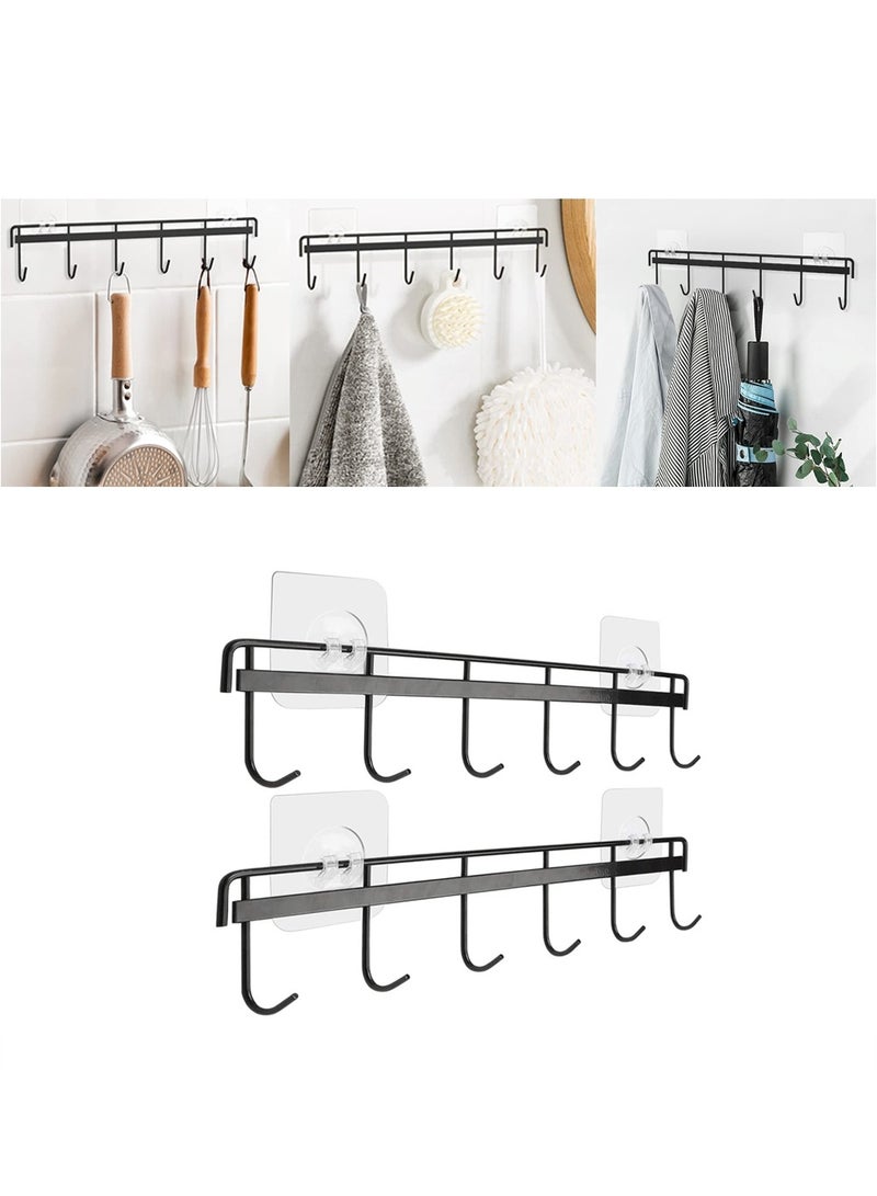 2 Pack Adhesive Wall Hooks with 6 Hangers Kitchen Bathroom Bedroom Space Saving Waterproof No Drill