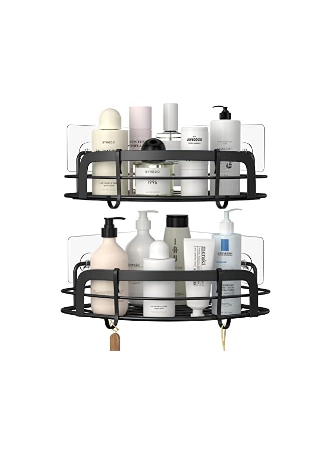 Black Corner Shower Caddy Adhesive Shower Shelf US304 Stainless Steel Shower Wall Caddy Drill Free Corner Shelves for Shower with 4 Hooks Bathroom Corner Storage Organizer, 2 Pack