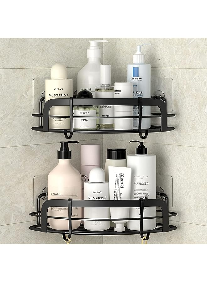 Black Corner Shower Caddy Adhesive Shower Shelf US304 Stainless Steel Shower Wall Caddy Drill Free Corner Shelves for Shower with 4 Hooks Bathroom Corner Storage Organizer, 2 Pack