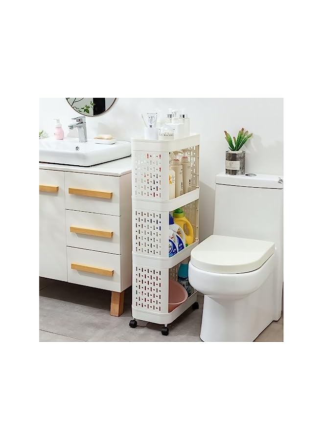 Tier Plastic Storage Shelf Rolling Utility Cart Narrow Storage Organizer Shelves Storage Trolley with Lockable Wheels,Easy Assembly for Bathroom,Kitchen,Office 39x21x94cm (White)