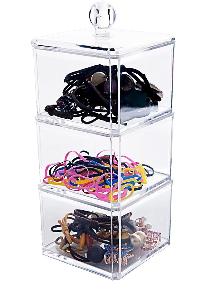 Accessories Organizer for Girls, BLVRYVIO Bathroom Containers for Headband, Bows,Hair Tie,Hair Tools,Scrunchie,Cotton Swab Organization, Clear 3 Stackable Acrylic Holder with Lids for Organizing