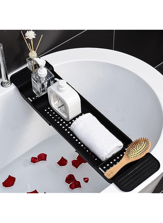 Bathtub Shelf Extendable Bathroom Bathtub Tray Retractable Multifunctional Bath Tray Towel Book Holder Storage Organizer (Black)