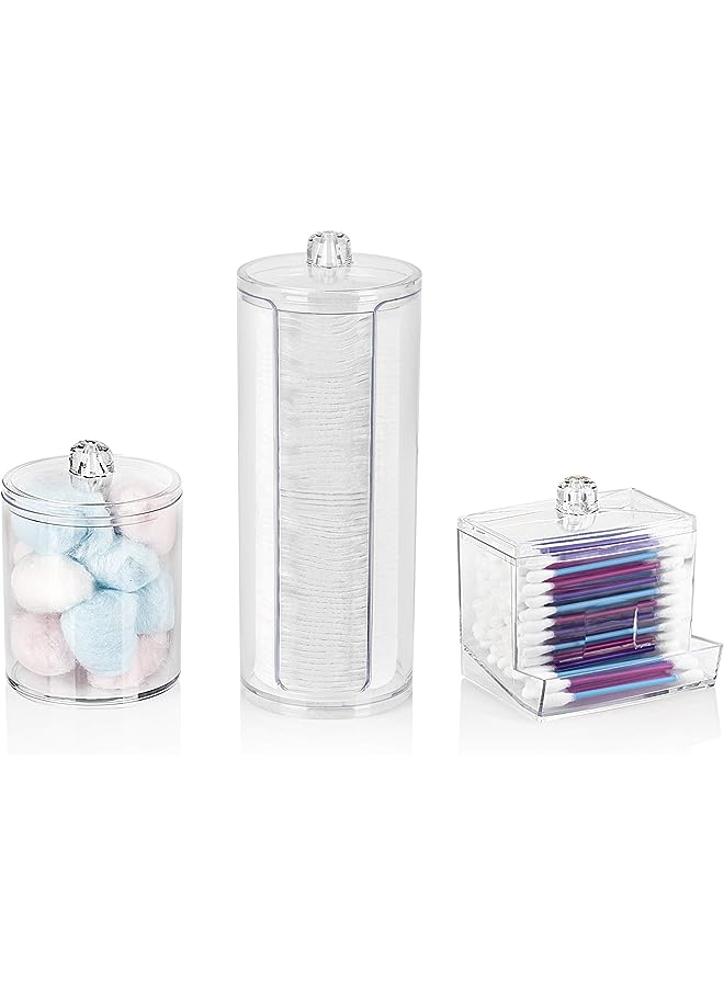 Set of 3 Bathroom Canisters with Lids for Make Up Storage - Bathroom Organiser with Cotton Buds Holder, Cotton Pads Holder, Cotton Wool Holder - Acrylic Boxes with Lids Makeup Organiser Set….