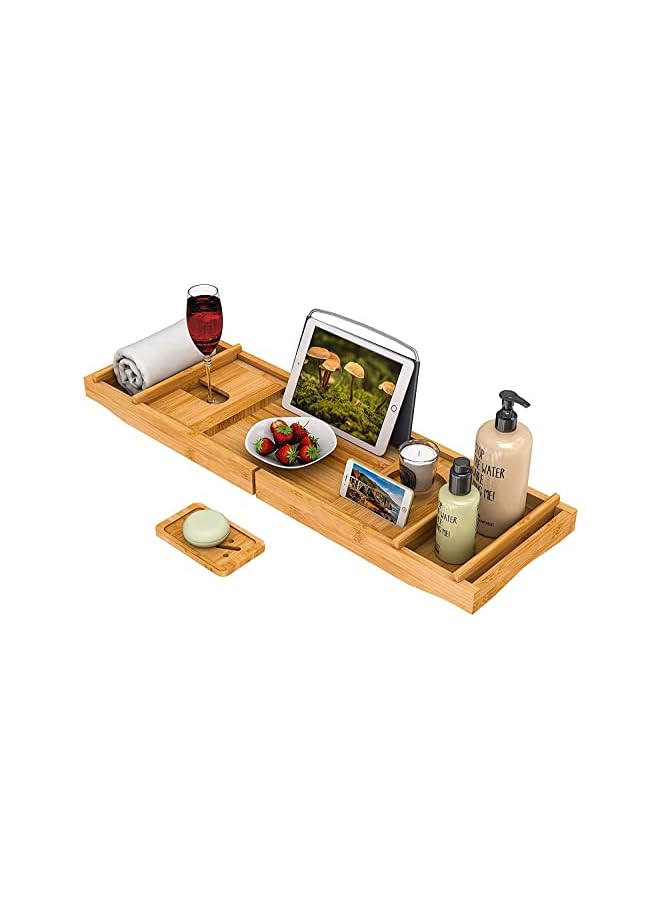 Caddy Tray, 1 or 2 Person Bath and Bed Tray, Bath Tub Table Caddy with Extending Sides - Luxury Bamboo Bathtub Caddy Tray with Book and Wine Holder (Natural)