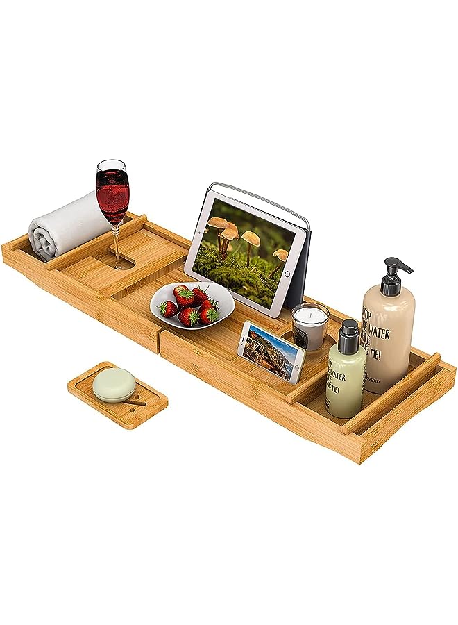 Caddy Tray, 1 or 2 Person Bath and Bed Tray, Bath Tub Table Caddy with Extending Sides - Luxury Bamboo Bathtub Caddy Tray with Book and Wine Holder (Natural)