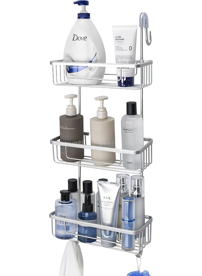 Over the Door Shower Caddy, Aluminum Hanging Shower Rack, Rustproof Shampoo Holder with Hooks, 3-Tier Bathroom Shelf with Suction Cups (Silver)