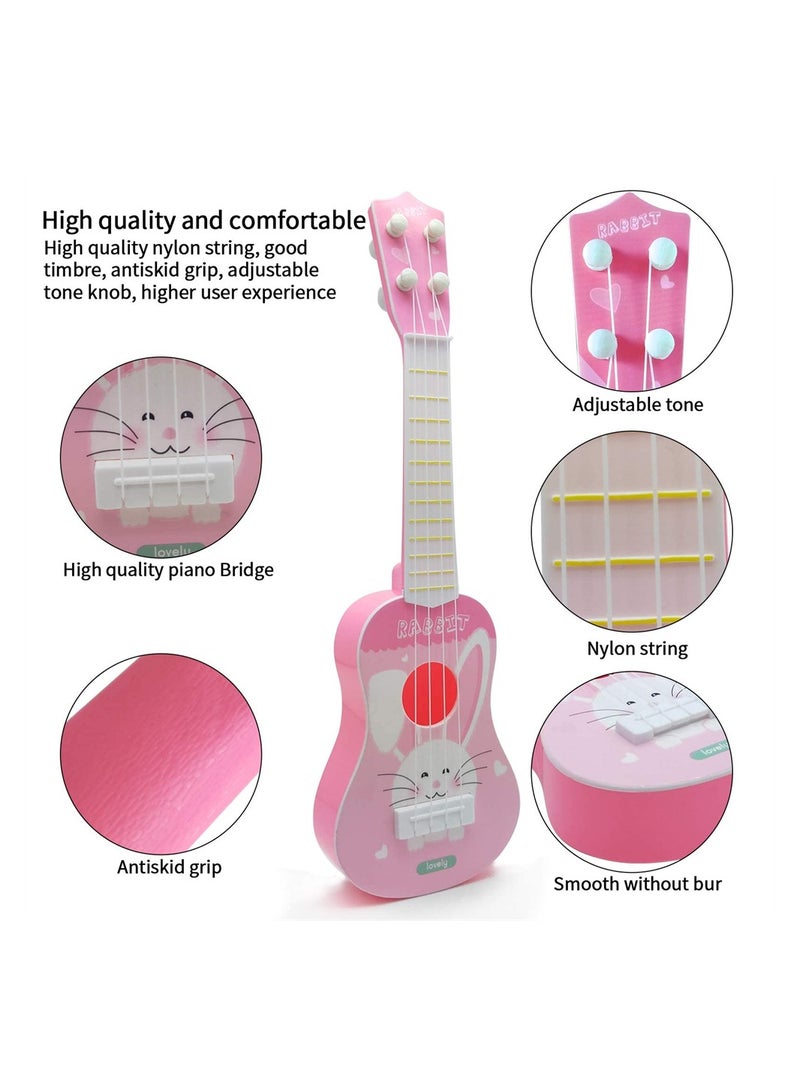 Kids Cartoon Rabbit Ukulele 4 String Musical Toy for Toddlers 14 inch Early Education Plastic Guitar for Boys and Girls