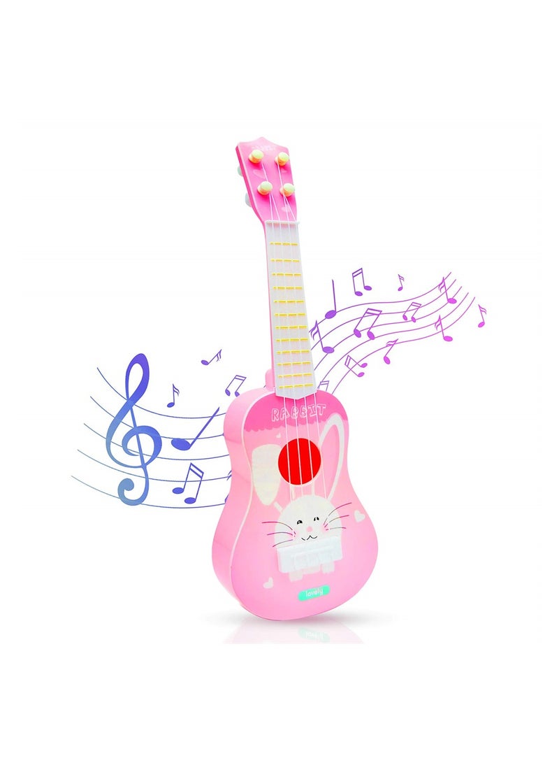 Kids Cartoon Rabbit Ukulele 4 String Musical Toy for Toddlers 14 inch Early Education Plastic Guitar for Boys and Girls