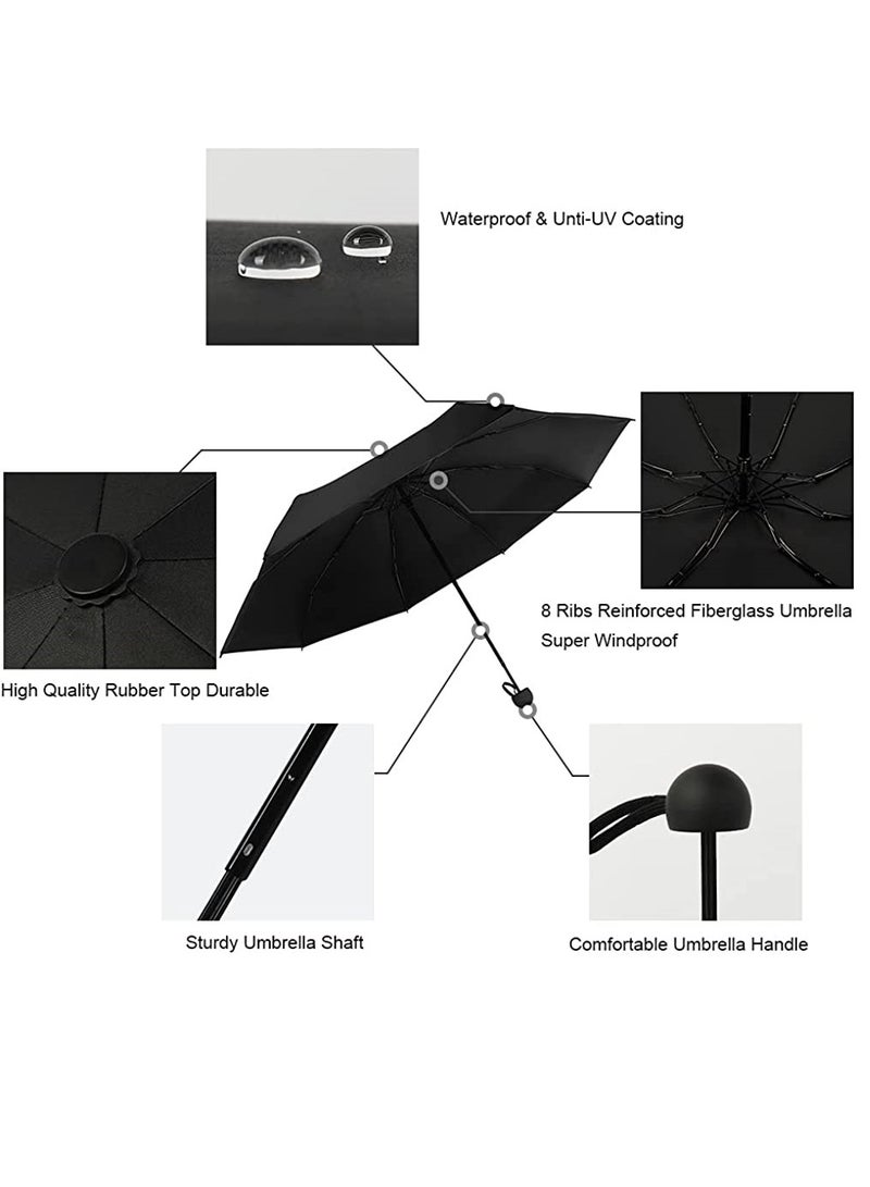 Mini Windproof Folding Travel Umbrella, Sun & Rain Umbrellas, Compact Portable for Women Men, Black