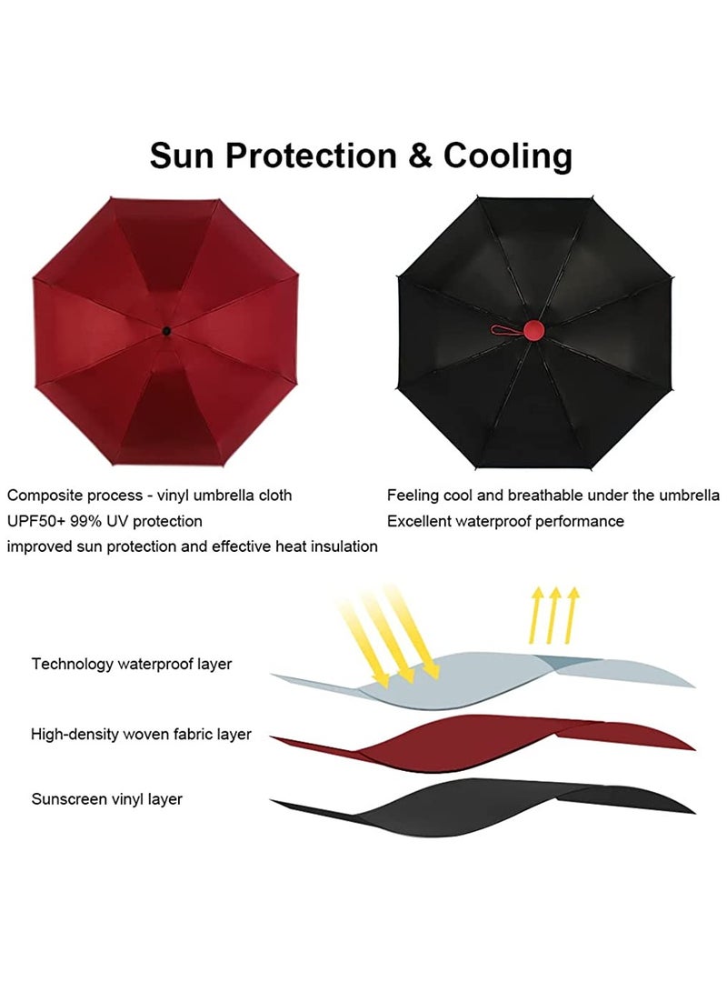 Mini Windproof Folding Travel Umbrella, Sun & Rain Umbrellas, Compact Portable for Women Men, Red