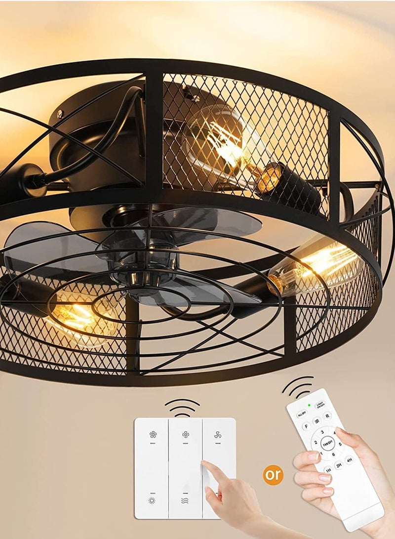 Recessed ceiling fan with light remote control retro easy to install lighting fixture black for bedroom living room kitchen