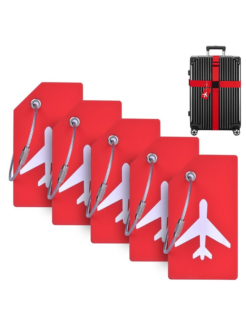 5 Pack Silicone Luggage Tags with Name ID Card - Anti-Lost Personality Tags for Quick Luggage Spotting, Durable Stainless Steel Loop, Perfect for Travel (Red)