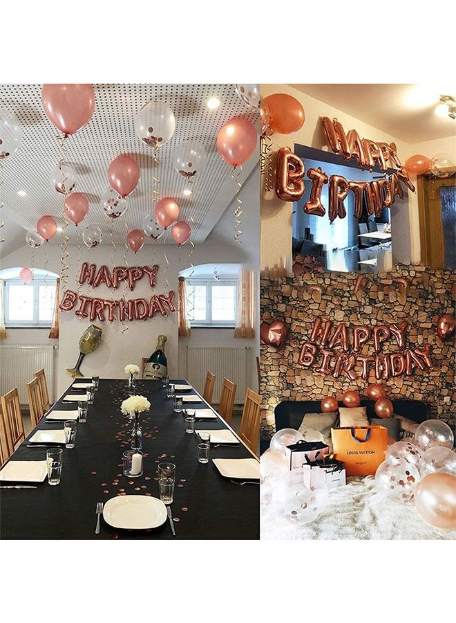 Rose Gold Birthday Party Decorations Set Rose Gold Balloon Set with Happy Birthday Balloon Banner, Foil Balloon, Fringe Curtain, Tablecloth and Ribbon