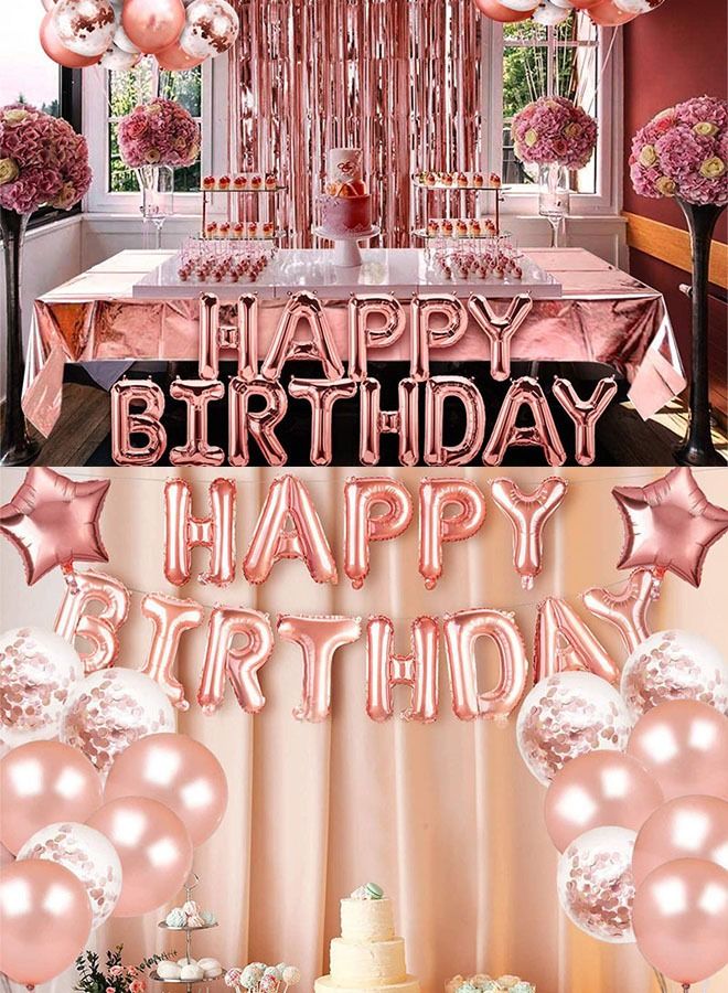 Rose Gold Birthday Party Decorations Set Rose Gold Balloon Set with Happy Birthday Balloon Banner, Foil Balloon, Fringe Curtain, Tablecloth and Ribbon