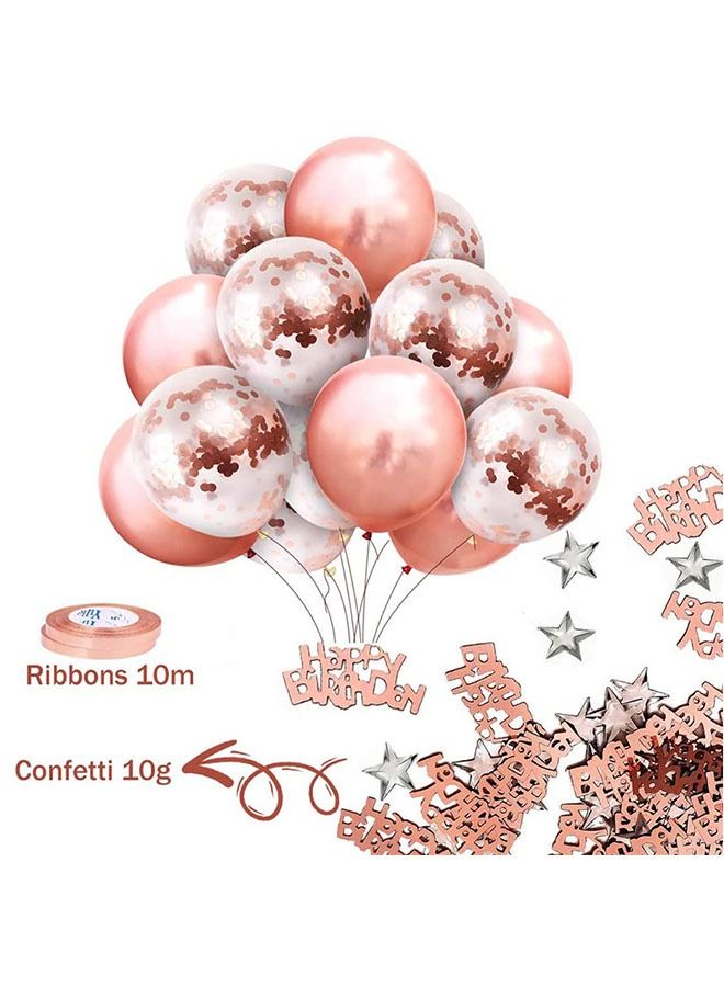 Rose Gold Birthday Party Decorations Set Rose Gold Balloon Set with Happy Birthday Balloon Banner, Foil Balloon, Fringe Curtain, Tablecloth and Ribbon