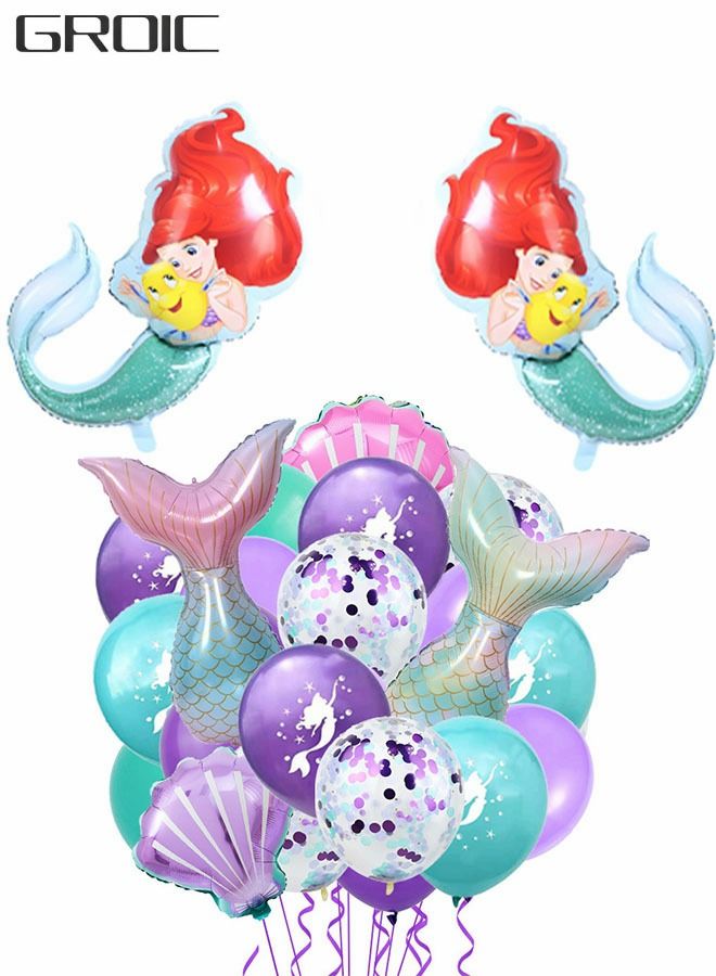 Mermaid Theme Balloons,Helium Foil Mermaid Tail Sea Shells Balloons, Mermaid Latex Confetti Balloons,Purple Teal Balloons, Mermaid Balloons for Mermaid Ocean Under The Sea Theme Party