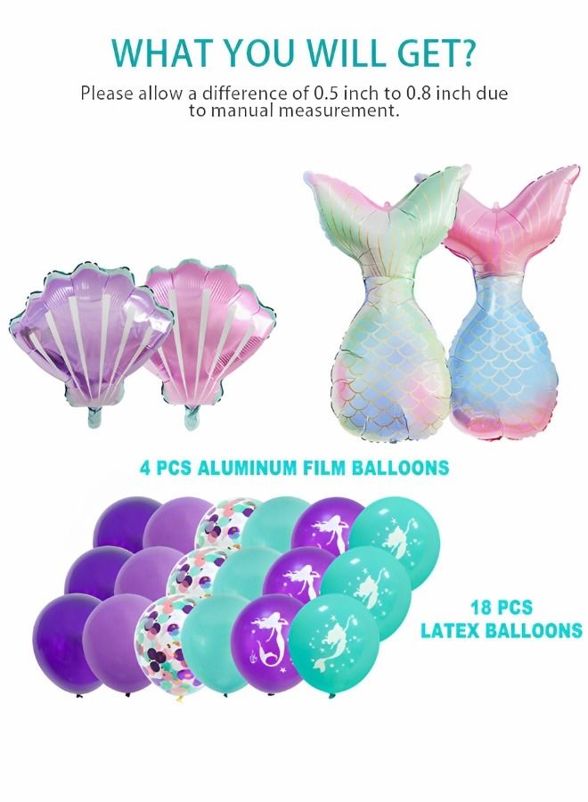 Mermaid Theme Balloons,Helium Foil Mermaid Tail Sea Shells Balloons, Mermaid Latex Confetti Balloons,Purple Teal Balloons, Mermaid Balloons for Mermaid Ocean Under The Sea Theme Party