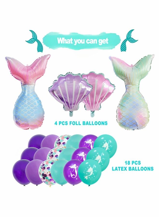 Mermaid Theme Balloons,Helium Foil Mermaid Tail Sea Shells Balloons, Mermaid Latex Confetti Balloons,Purple Teal Balloons, Mermaid Balloons for Mermaid Ocean Under The Sea Theme Party