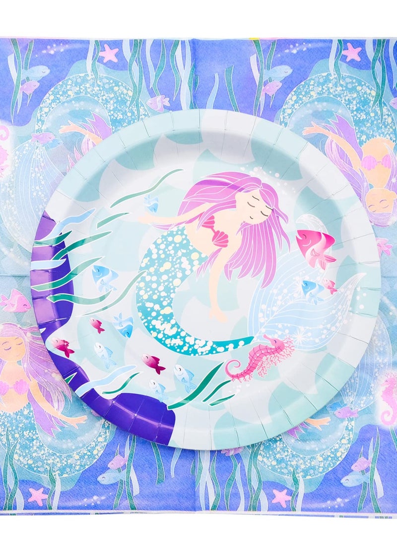 Birthday Plates and Cups Set Mermaid Party Supplies Birthday Supplies Kit Dinner Plate for Birthday Party, Weddings, 10 Guests