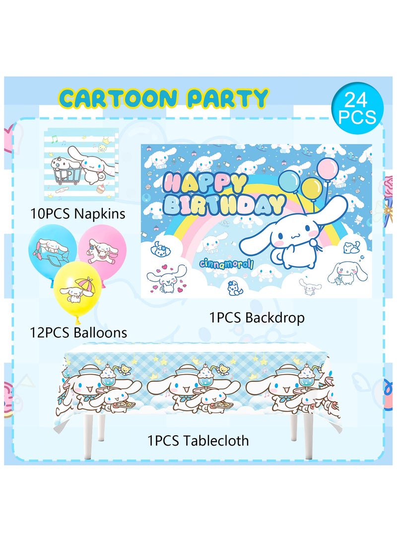 Cinnamoroll Birthday Party Decorations, 24pcs Party Supplies Set Include Napkins Ballons Bacakdrop Tablecloth for Cinnamoroll Theme Party