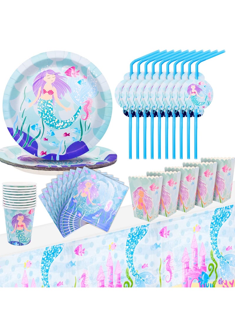 Birthday Plates and Cups Set Mermaid Party Supplies Birthday Supplies Kit Dinner Plate for Birthday Party, Weddings, 10 Guests