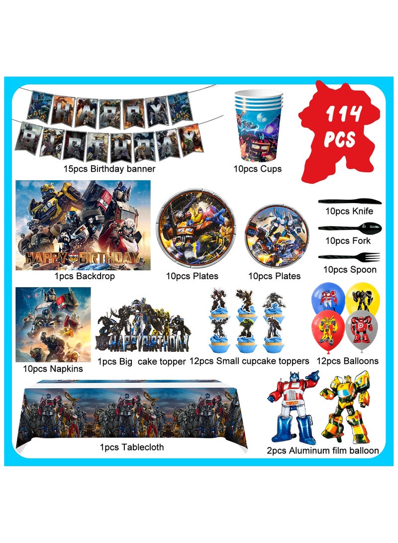 Transformers Birthday Party Decorations for 10 Guests, 114pcs Transformers Theme Birthday Disposable Party Tableware Set