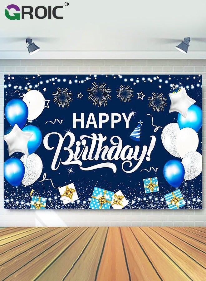 Birthday Backdrop Banner, Large Blue Silver Balloon Star Fireworks Party Sign Poster Photo Booth Backdrop,Birthday Party Decorations,Cake Table Banner Supplies,Party Supplies