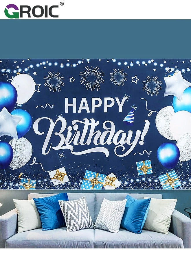 Birthday Backdrop Banner, Large Blue Silver Balloon Star Fireworks Party Sign Poster Photo Booth Backdrop,Birthday Party Decorations,Cake Table Banner Supplies,Party Supplies